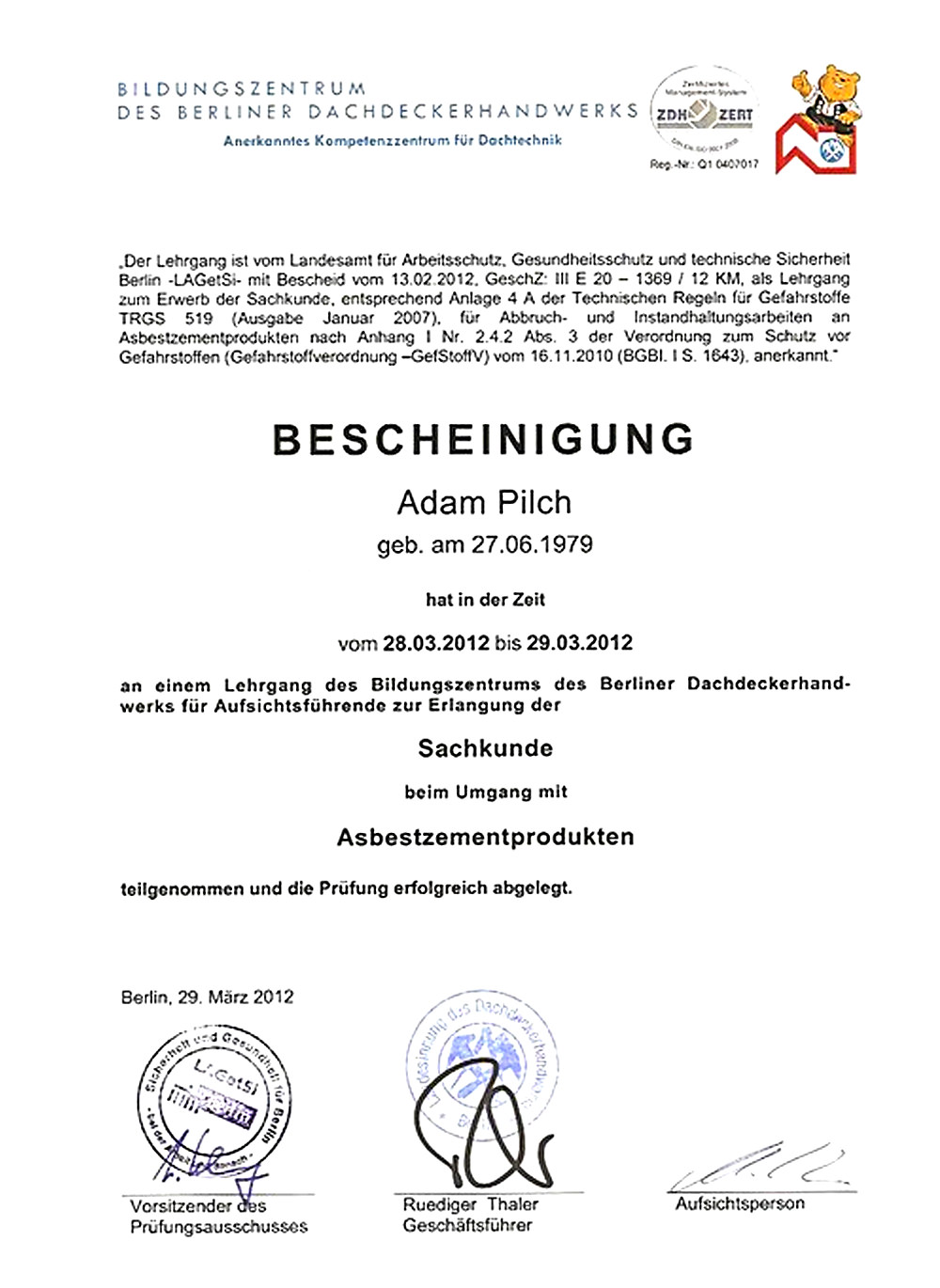 Adam Pilch Dachdecker Berlin - Bescheinigung - Asbestzementprodukte