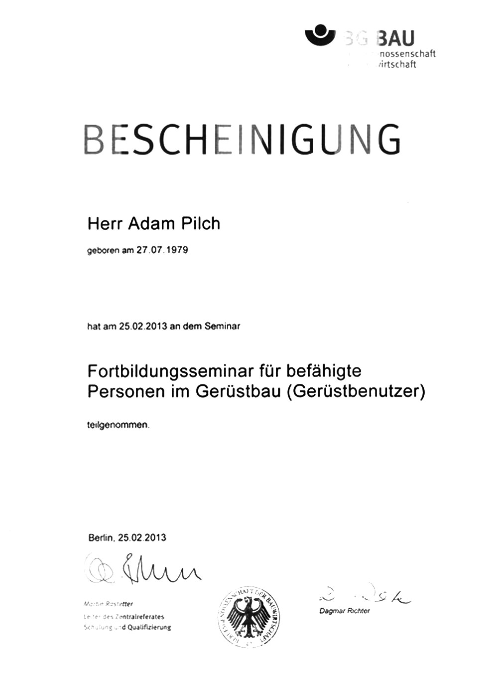 Adam Pilch Dachdecker Berlin - Bescheinigung BG BAU