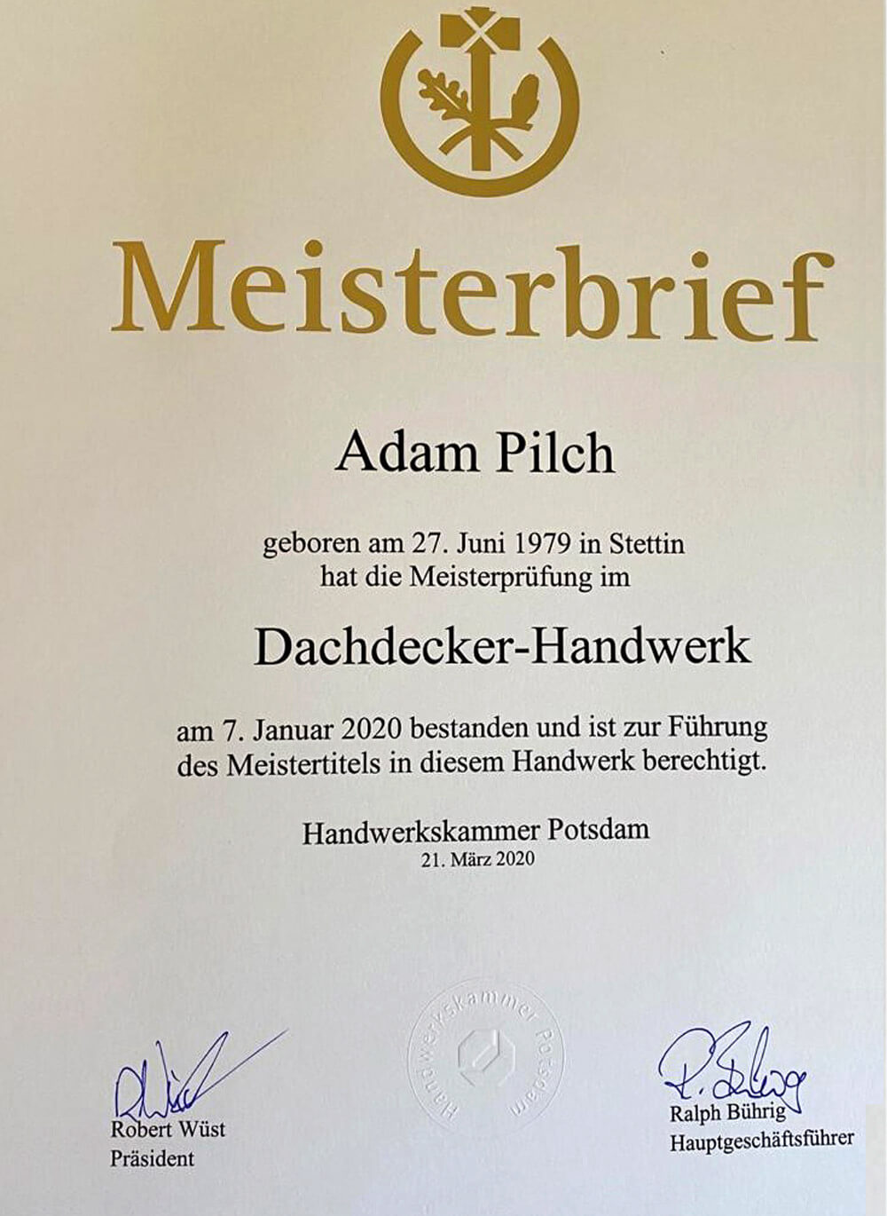 Adam Pilch Dachdecker Berlin - Meisterbrief